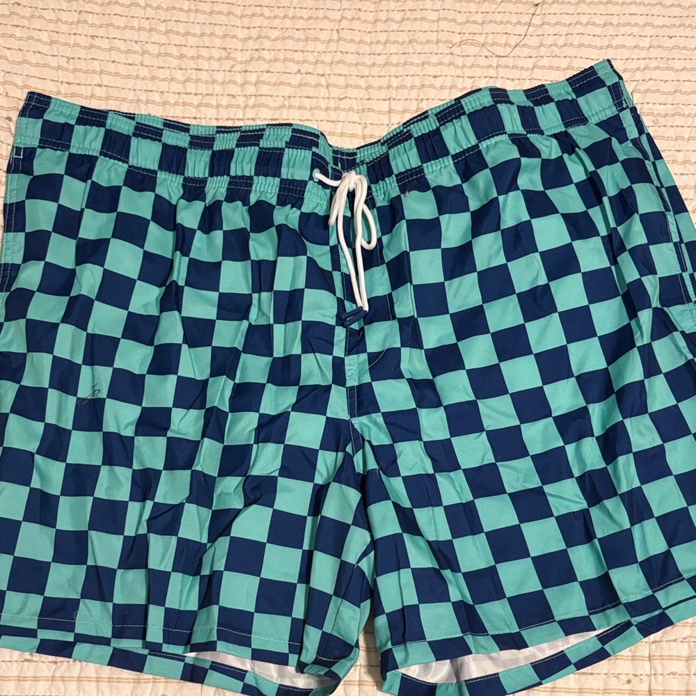 Goodfellow & Co Teal and Navy Checkered Swim Trunks